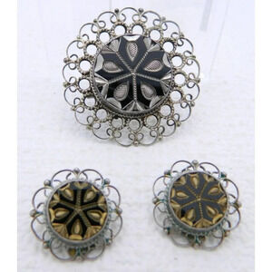 VTG PLATA .925 JFCM Guad Mexico Sterling Silver Obsidian Pin Pendant Earring Set